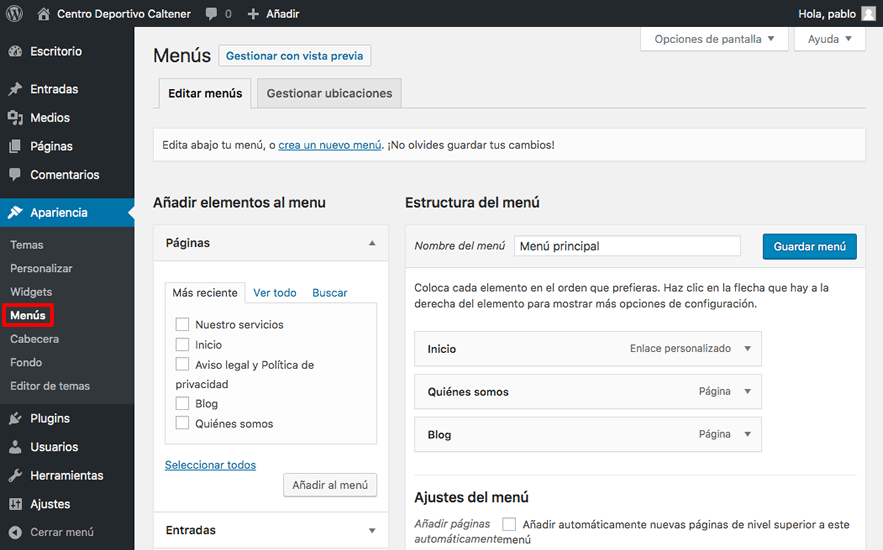 menú personalizado wordpress